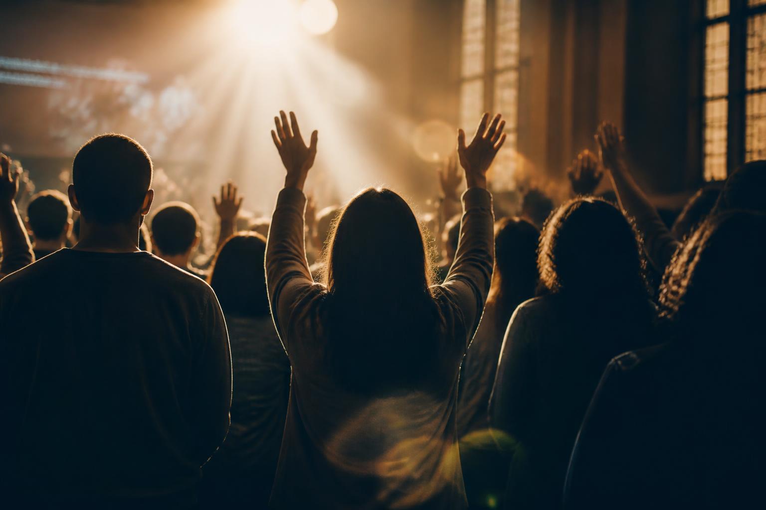 Young adults worshipping with hands raised